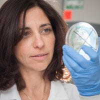photo of Shirley Micallef looking at petri dish in white lab coat