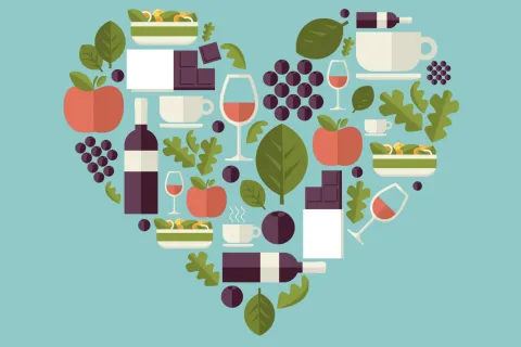 Images of wine bottles, leafy vegetables, coffee cups, and apples form a heart.