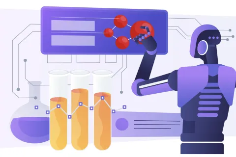illustration of a humanoid robot interacting with a digital screen showing molecules, next to beakers and test tubes of liquids