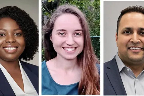 Photo of three graduate students. From left to right are Minna Shezaf, Felix Alabi, and Samiksha Bhattarai