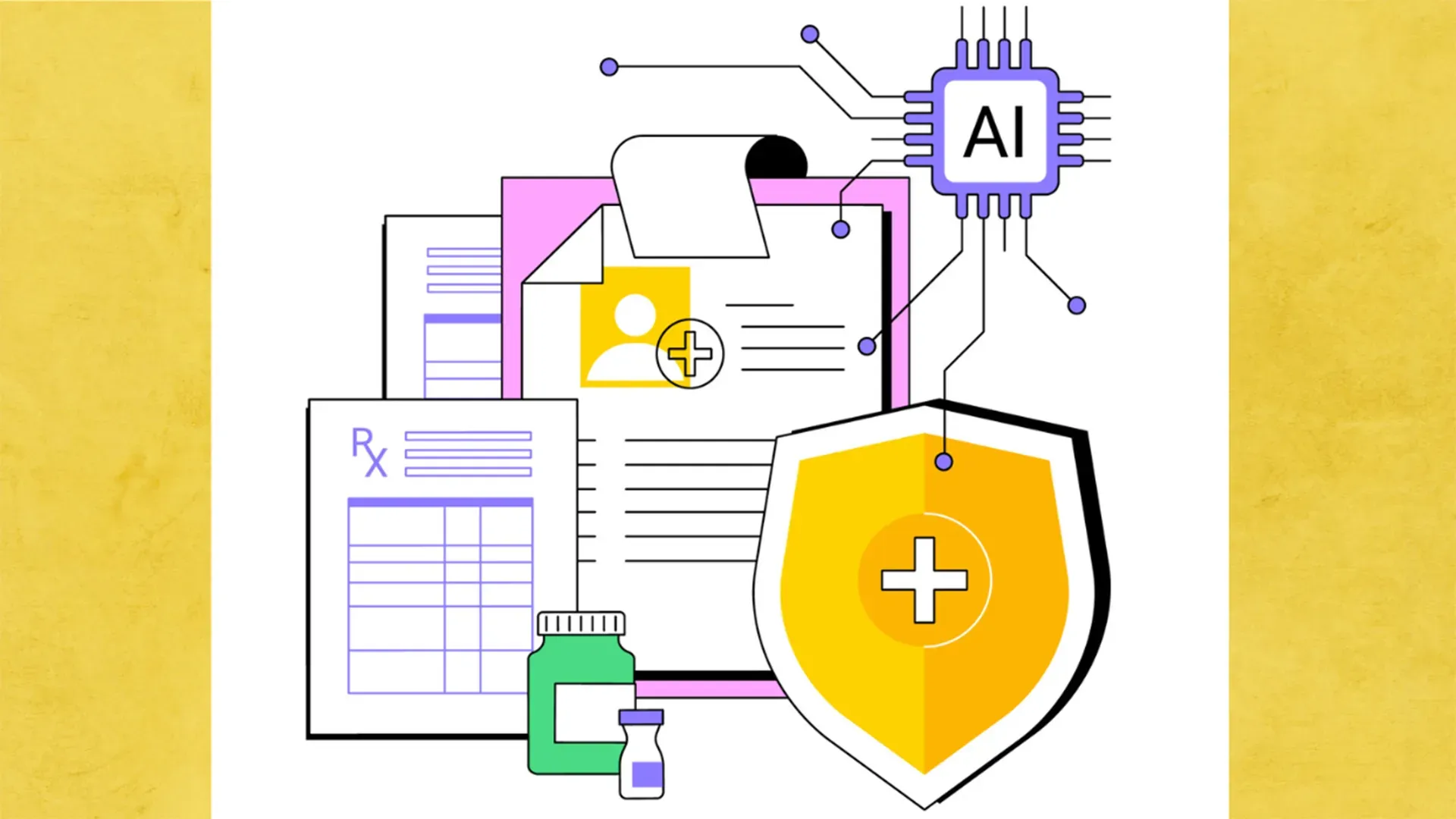 An illustration shows a square that says AI hovering above papers for prescriptions and bottles of medicine.