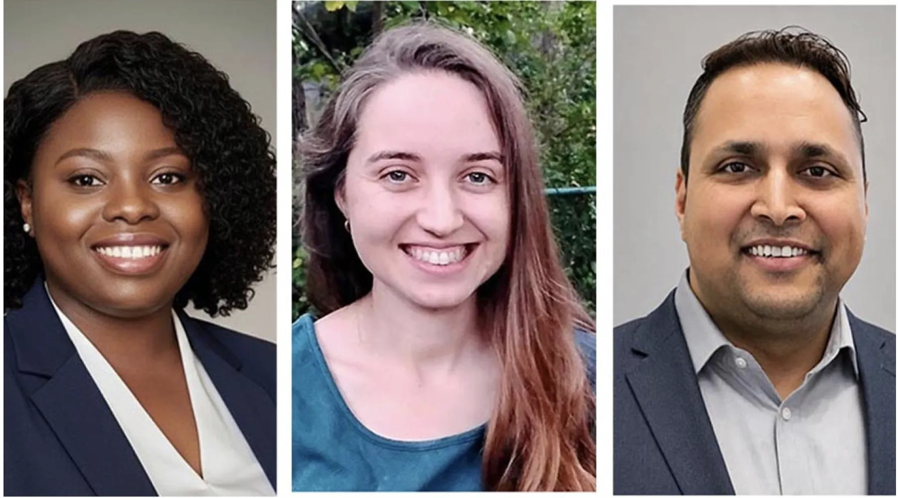 Photo of three graduate students. From left to right are Minna Shezaf, Felix Alabi, and Samiksha Bhattarai